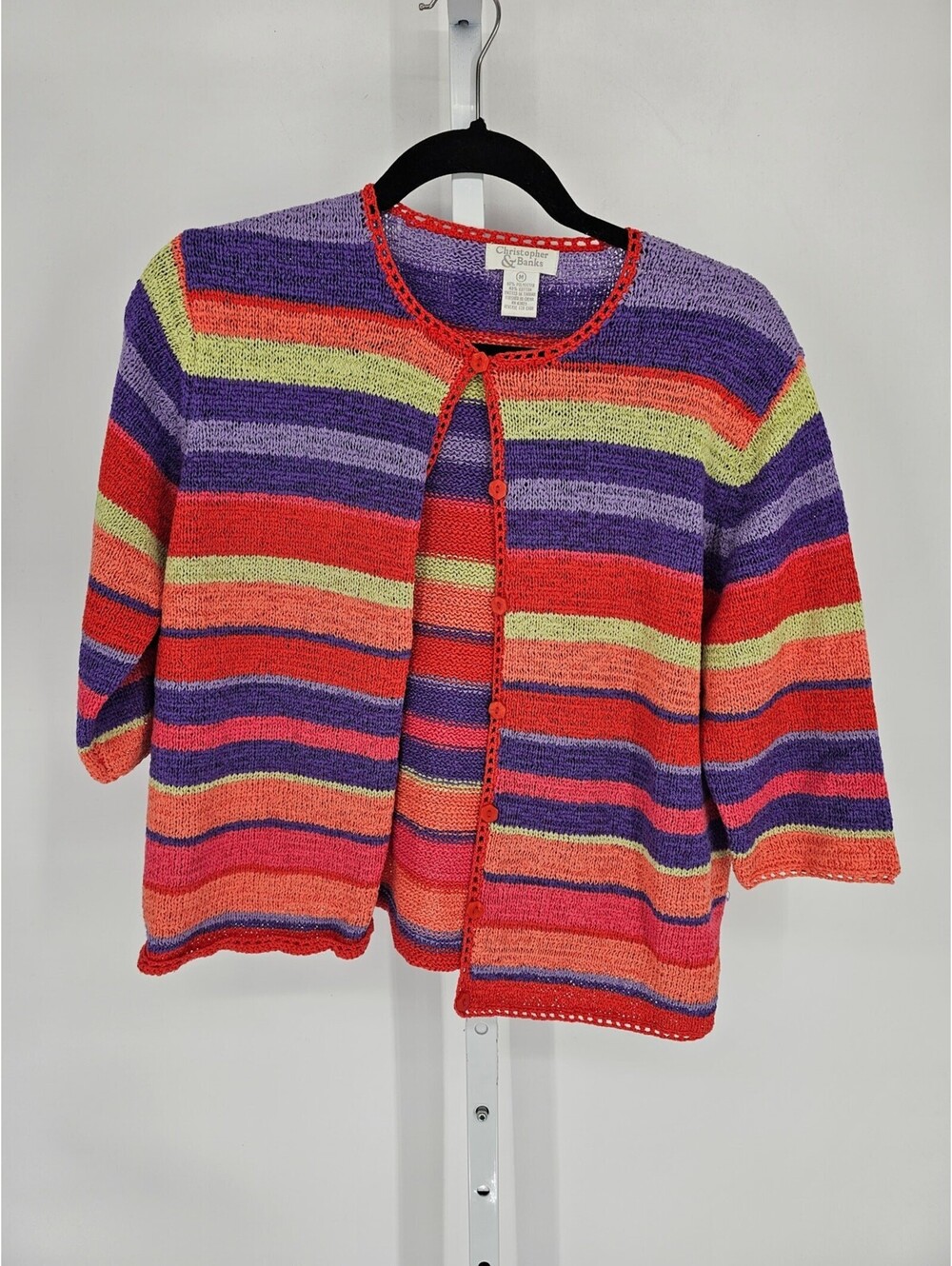 Christopher & Banks womens Sz M 3/4 Sleeve Cardigan Sweater Colorful Striped